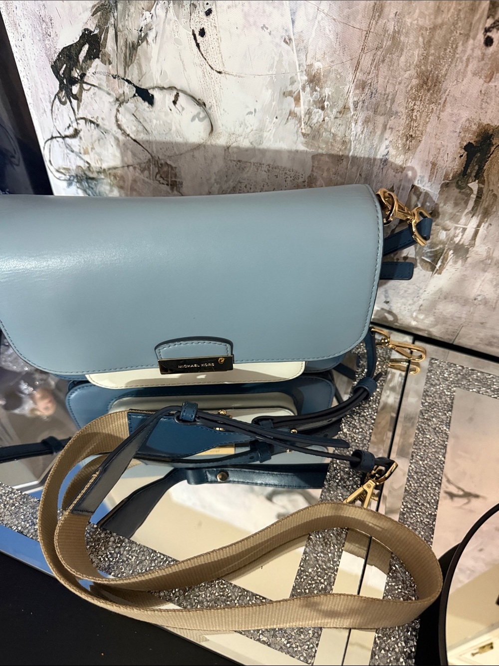 Michael Kors Light Blue, Navy & White Leather Crossbody (2 detachable straps) - Picture 9 of 13